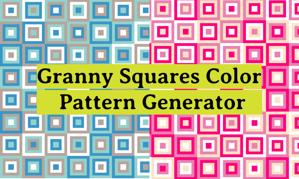 Abstract colorful pattern featuring granny square designs with text overlay "granny squares color pattern generator".