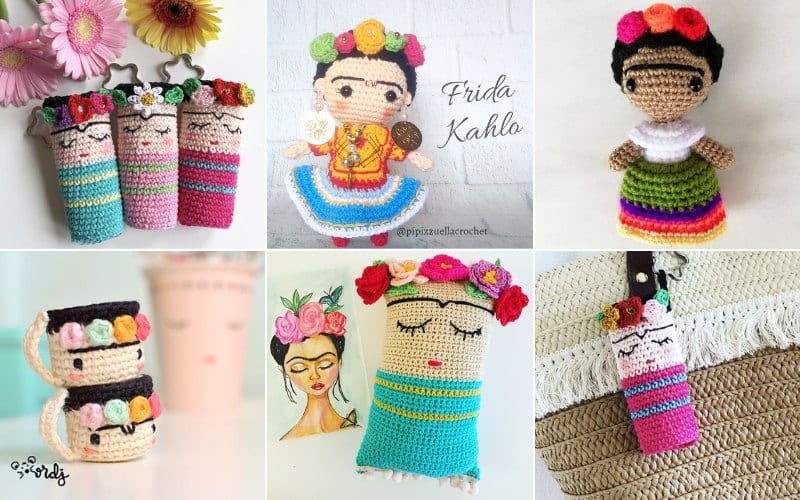 A vibrant collage of Frida Kahlo crochet dolls and items showcases colorful floral designs and traditional Mexican attire, capturing the essence of her iconic style.