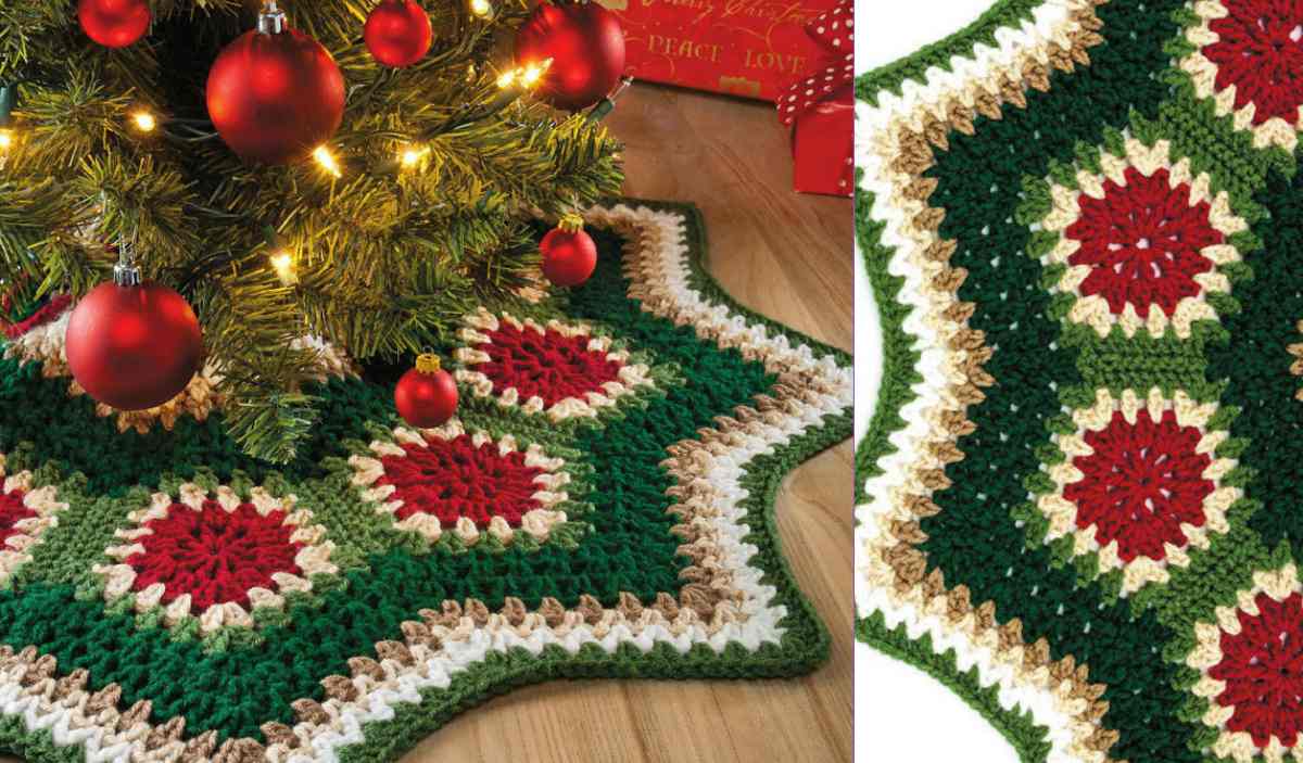 Under the decorated Christmas tree lies a Granny Ripple Tree Skirt, showcasing a crocheted holiday design with green, red, and white star-shaped patterns.