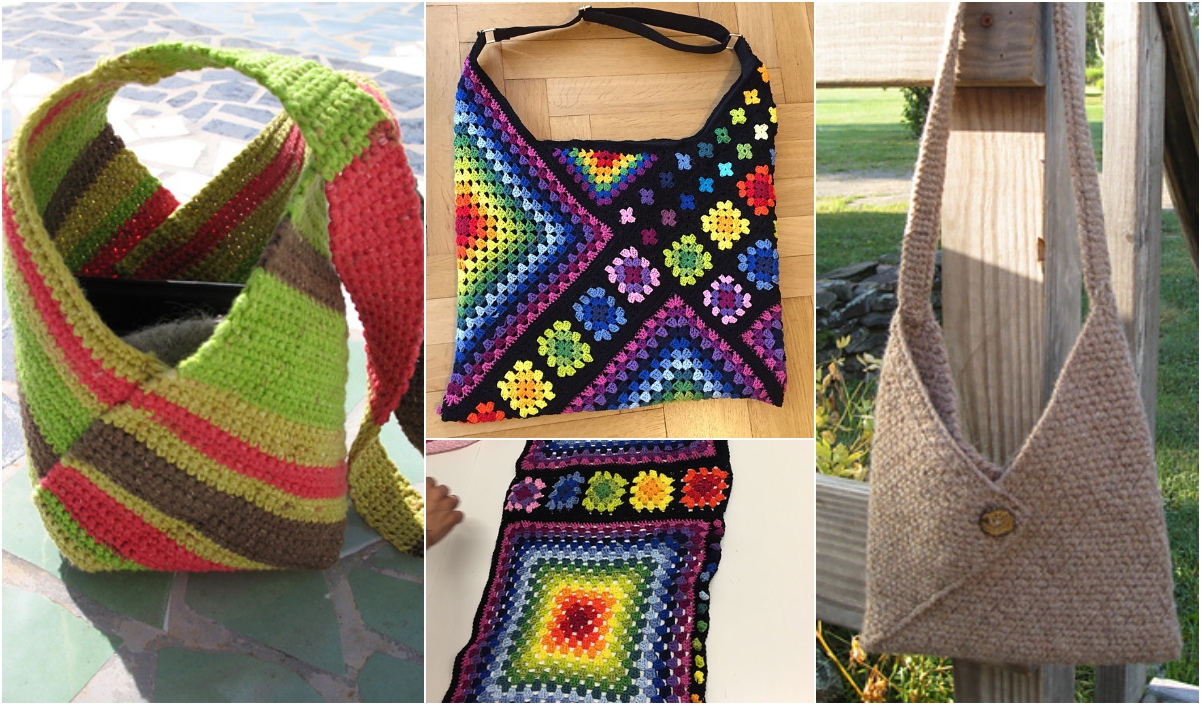 A collage of four handmade crocheted Masa bags showcasing colorful patterns and designs, beautifully displayed on various backgrounds.