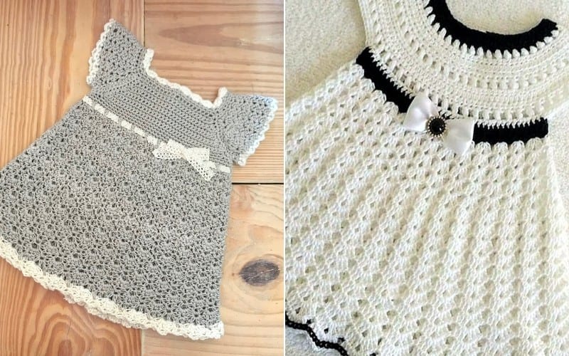 Two crocheted baby dresses, fit for a royal baby, are displayed on a wooden surface: one gray with a decorative bow on the left and one white with black trim and a bow on the right. Perfect pairings with free patterns available to guide your crafting journey.