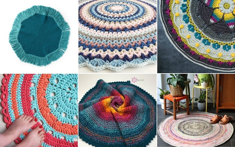 A collage of six vibrant crochet rug patterns in an array of designs, artfully displayed both flat and in charming room settings.