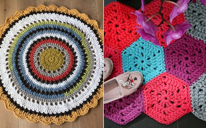 Two chunky crochet rugs: one circular with concentric colored rings and scalloped edges; the other features hexagonal patches in various colors, adorned with a pink orchid.