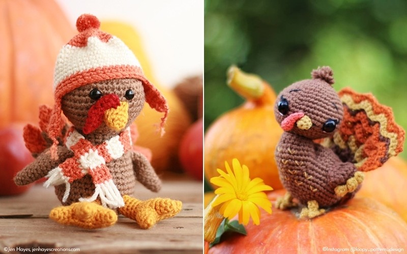 Two amigurumi turkeys: one wearing a charming hat and scarf, the other flaunting a decorative tail, both set against a festive pumpkin background.