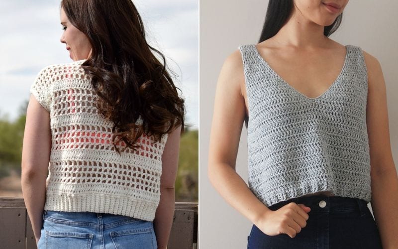 Side-by-side image of two women wearing summer tops: one in a white short-sleeve crochet design, the other in a sleeveless gray V-neck style. Perfect inspiration if you're seeking free crochet patterns to elevate your warm-weather wardrobe.