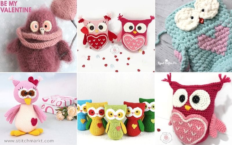 A collage of crocheted owl toys in various colors, some adorned with heart motifs perfect for Valentine's Day, arranged in different settings.