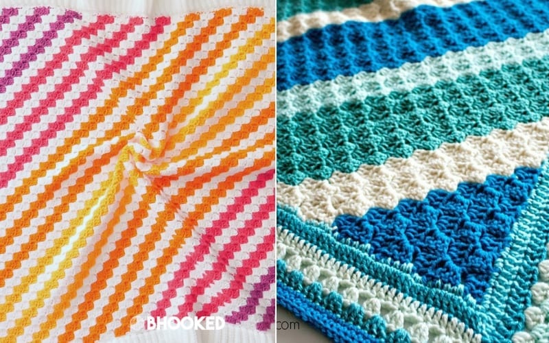 Two crocheted blankets: the left is a corner to corner baby blanket featuring diagonal rainbow stripes, while the right displays horizontal turquoise and white patterns.